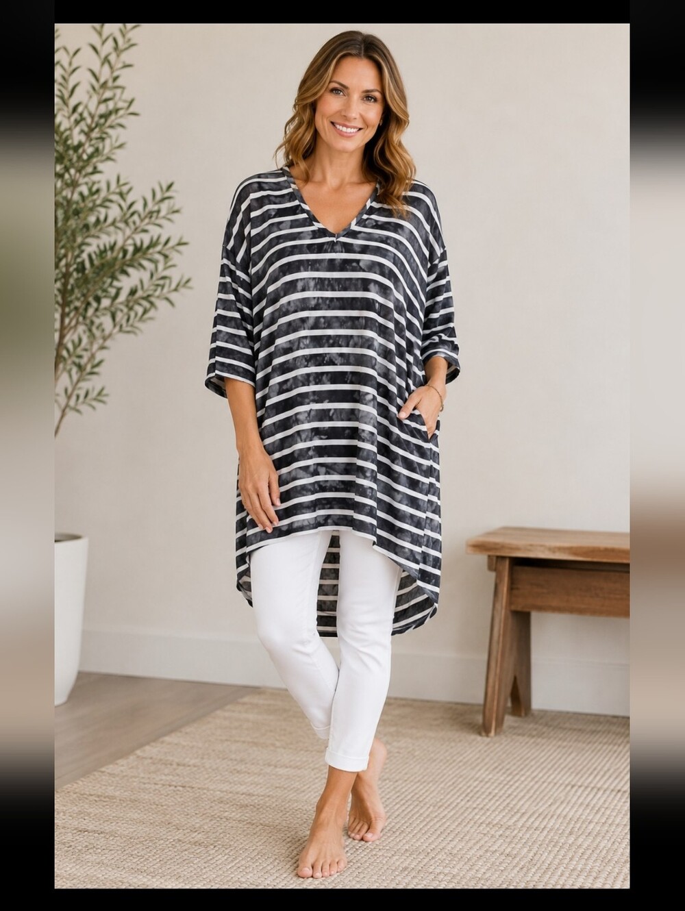 C&C California Women Tunic Hooded Top 3X Navy Coastal Distressed Grunge Cover-up
